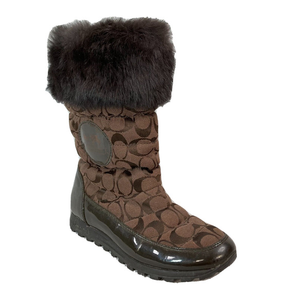 Coach Boots Women‎ Sz 7.5 Brown Signature Logo Print Joyous Fur Cuff Winter Snow - Picture 1 of 7